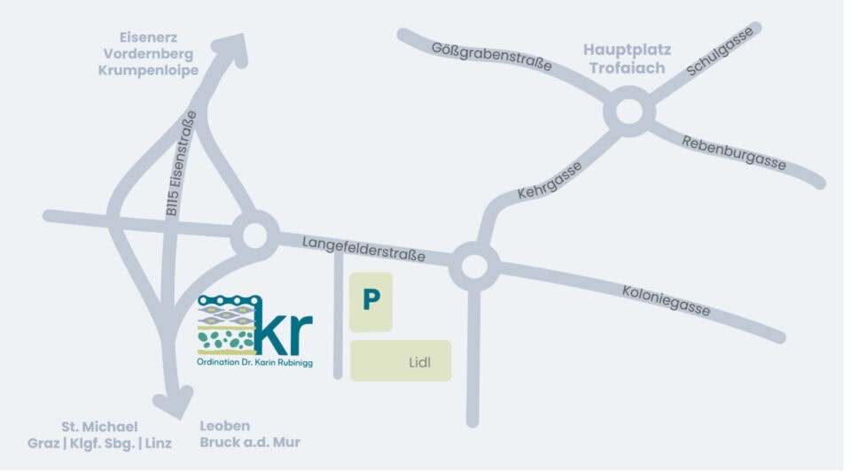 Anfahrtsgrafik Ordination Dr. Rubinigg Trofaiach, Internistin in Trofaiach, Langefelderstraße 3